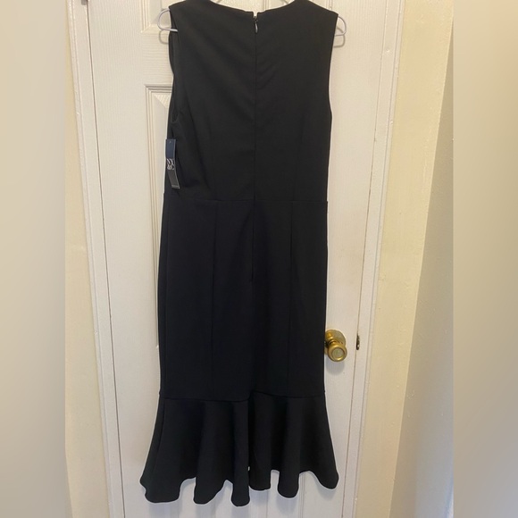 NEW YORK & COMPANY MIDI BLACK DRESS With Flowers on left shoulder size small NWT - Picture 2 of 14